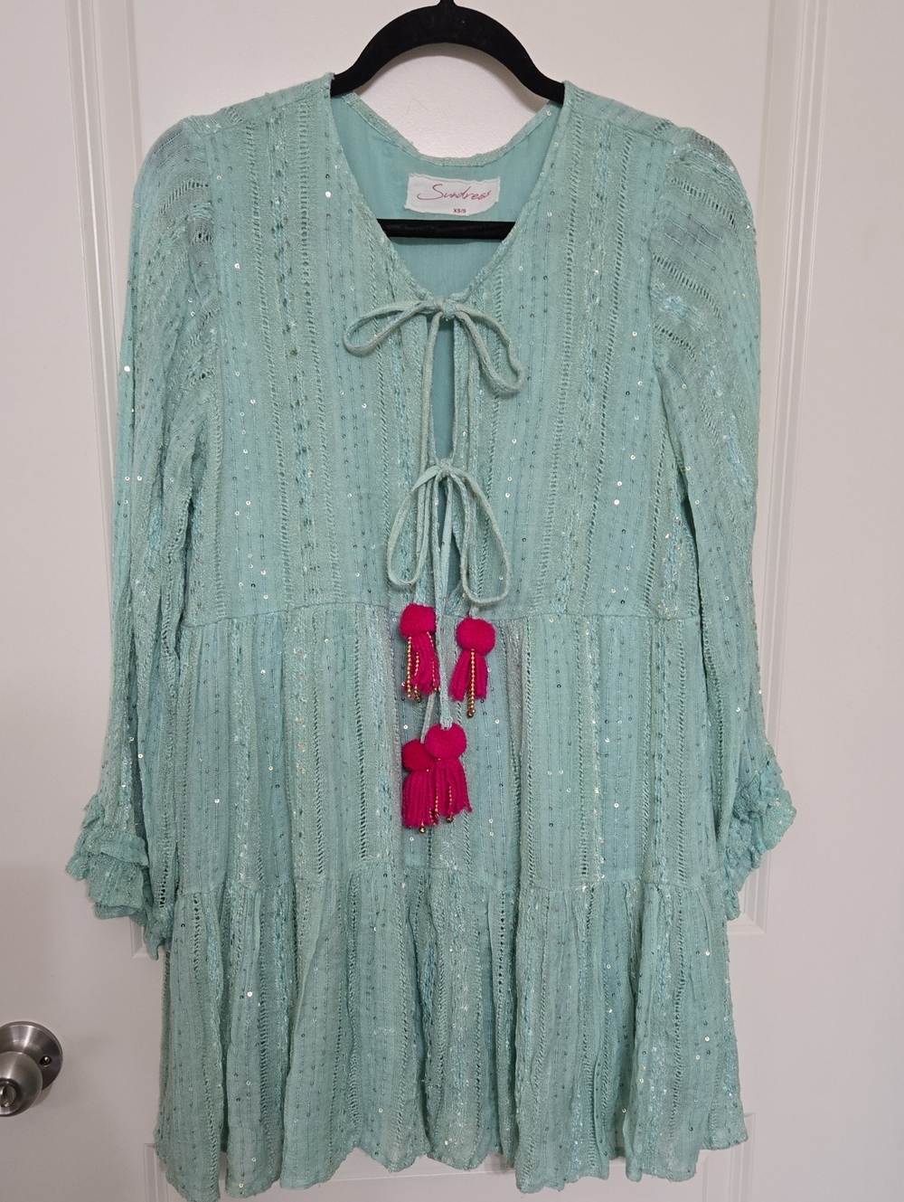 Mint Green Sequin Tassel Tie-Front Dress